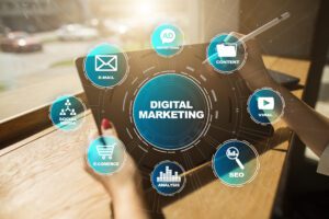 Digital marketing technology concept. Internet. Online. Search Engine Optimisation. SEO. SMM. Video Advertising