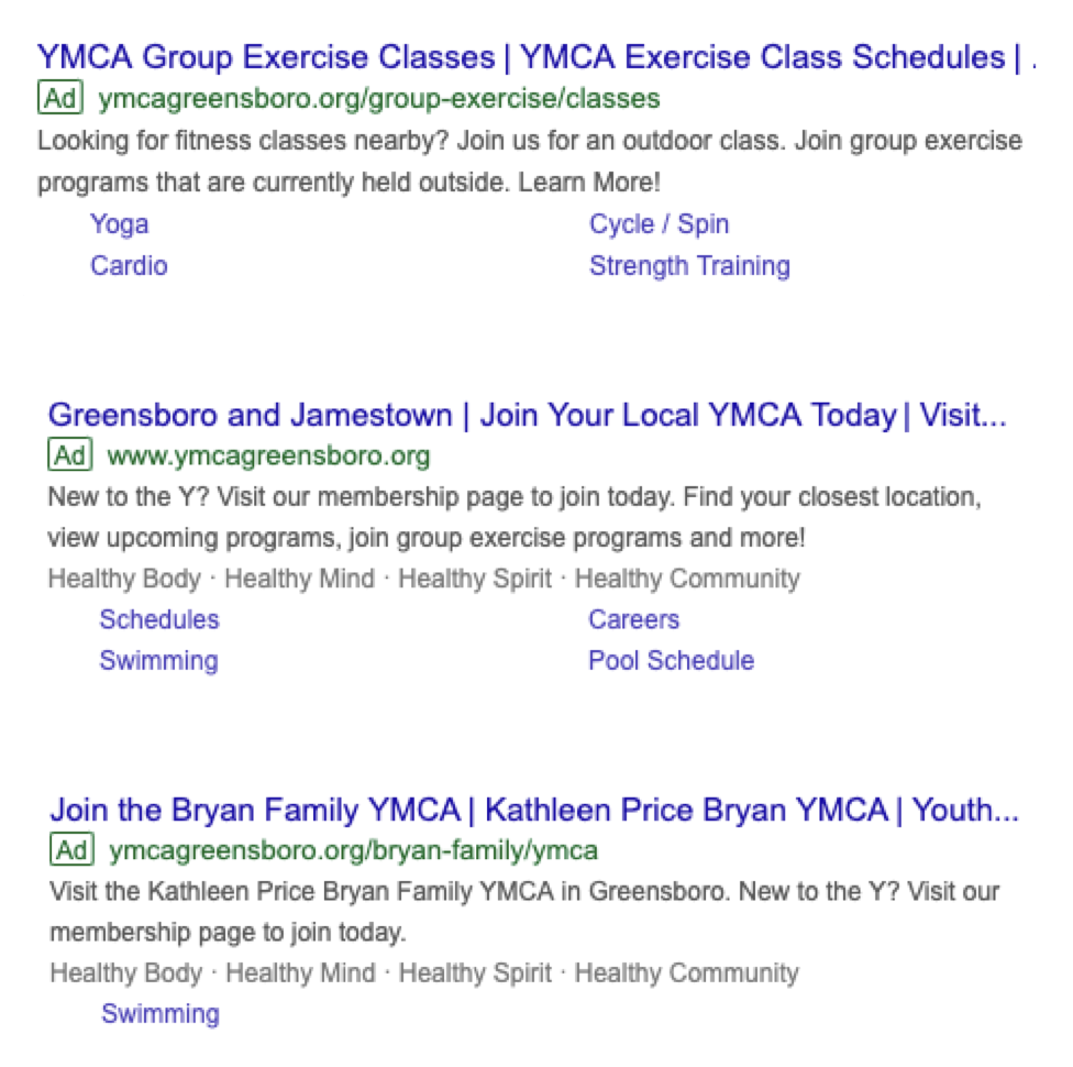 ymca google ad grants sample ads